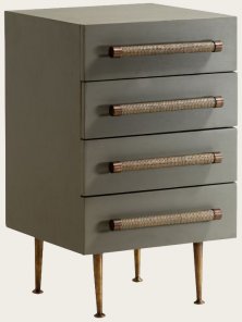 MID039B - BEDSIDE TABLE FOUR DRAWERS WICKER HANDLES BRASS TRIM & LEGS